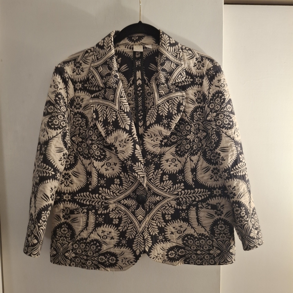 Caslon Black and Cream Brocade Patterned Women's Cropped Blazer
